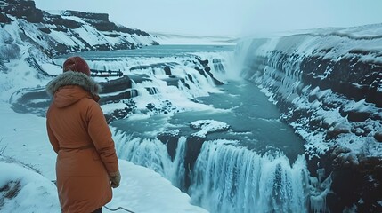Freedom tourist woman enjoying on viewpoint of Gullfoss waterfall or Golden Falls with extreme hvita river flowing in canyon on winter at Iceland
