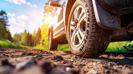 Fototapeta na wymiar Close-up of SUV wheels for traveling on dirt roads. 