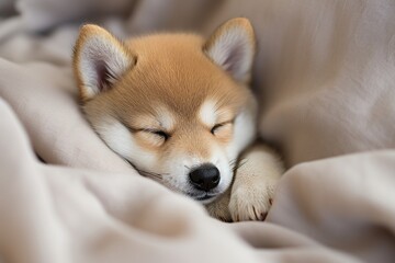 Sleeping Shiba Inu Puppy in Soft Blankets