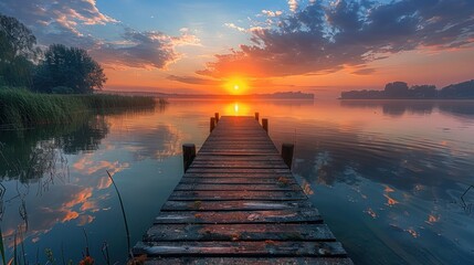 Beautiful summer sunrise over lake - Panorama, the early morning at dawn - obrazy, fototapety, plakaty