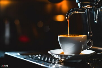 Espresso drops dripping from portafilter in small coffee shop. - obrazy, fototapety, plakaty
