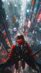 Pilot in a wing suit jetpack weaving through the skyscrapers of a futuristic metropolis aglow with neon - obrazy, fototapety, plakaty