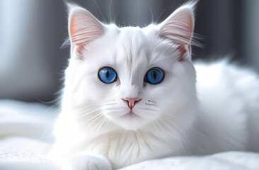 Fototapeta premium portrait of a cat. Cute white kitten with blue eyes in a white cloth.