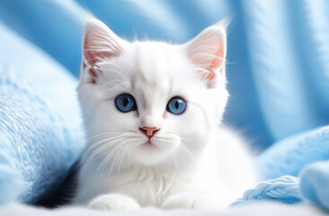 white persian cat. Cute white kitten with blue eyes in a white cloth.