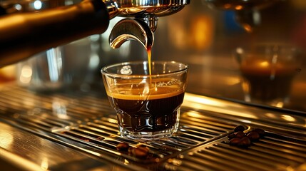 Espresso drops dripping from portafilter in small coffee shop. - obrazy, fototapety, plakaty