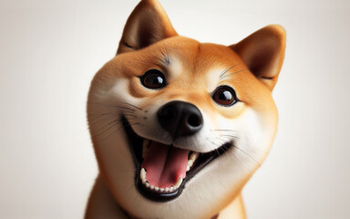 Shiba dog making funny smiling face on white background