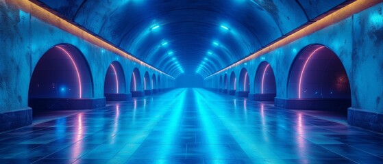 Empty underground background with blue lighting with space for text