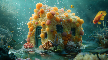 A hyperrealistic image of a sponge house with a square roof and a door. The house is soft and quirky, and has a face and a flower on it. The house is located in a sea, with a coral and a fish. The ima - obrazy, fototapety, plakaty