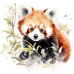 A watercolor painting of a cute red panda over a white background. Portrait with bamboo. - 740801478