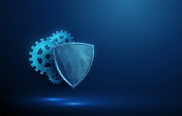 Abstract blue futuristic guard shield and cogwheels. Protection, cyber security and insurance concept. Low poly digital
