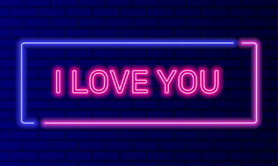 Obraz premium Neon sign i love you in speech bubble frame on brick wall background vector. Light banner on the wall background. I love you button care and compliments, design template, night neon signboard
