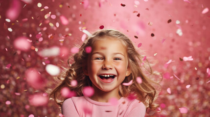 Fototapeta na wymiar Happy Birthday of a little girl with confettis on pink background