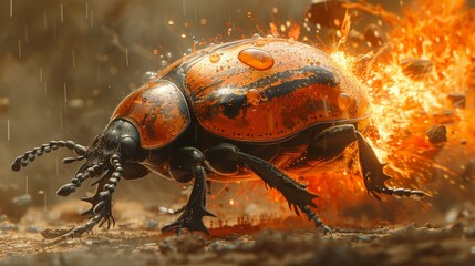 Raindrop on a bombardier beetles back exploding into a scene of volcanic eruptions on a distant alien planet