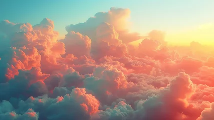 Foto op Aluminium A sea of fluffy clouds basks in the warm, vibrant hues of a sunset, creating a stunning sky scape of orange and pink tones. © NaphakStudio