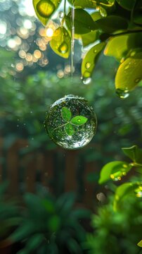Raindrop on a window with a refracted image of a chlorophyll molecule the core of photosynthesis