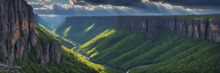 Fotobehang Majestic landscape with sun, clouds, and river flowing between mountains © Aleksei Solovev