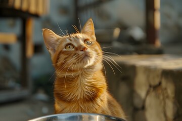 A hungry cat gazes up expectantly food bowl by its side. Concept Cat, Hungry, Food, Pet, Expectant