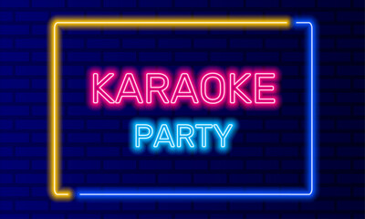 Neon sign karaoke party in speech bubble frame on brick wall background vector. Light banner on wall background. Karaoke party button weekend getaway, design template, neon signboard
