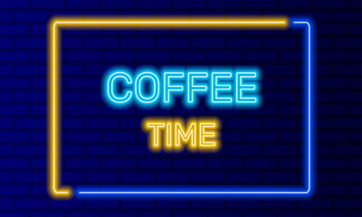 Fototapeta premium Neon sign coffee time in speech bubble frame on brick wall background vector. Light banner on wall background. Coffee time button lunch break, design template, neon signboard