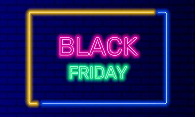 Obraz premium Neon sign black friday in speech bubble frame on brick wall background vector. Light banner on wall background. Black friday button holiday sale, design template, neon signboard