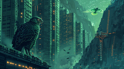 A digital landscape featuring a Bitcoin mining farm under the watchful eyes of a cybernetic hawk