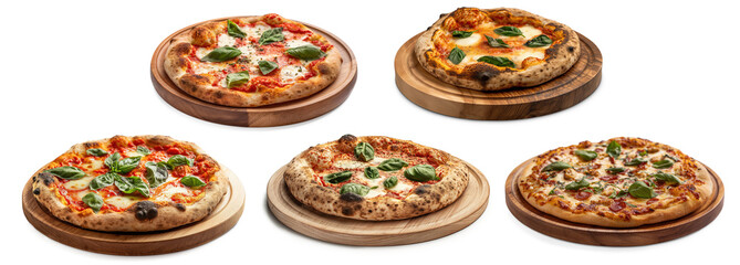 Fototapeta na wymiar Fresh margherita pizza on wooden board. Traditional italian margherita pizza with basil leaves, collection isolated on transparent background