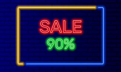 Neon sign 90 percent sale in speech bubble frame on brick wall background vector. Light banner on wall background. 90 percent sale button discounts and promotions, design template, neon signboard