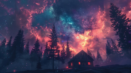 Fototapeta na wymiar Camping under a galaxy sky, A cabin lies under a sky, illuminated by the vivid colors of a cosmic amongst a forest of pine trees.