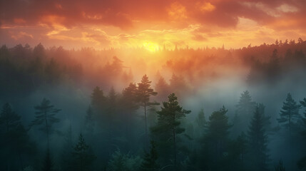 The sun rises, casting a soft glow through the mist among the silhouettes of pine trees in a dense forest.