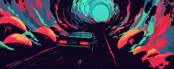 Mystical Drive Through Neon Mushroom Valley