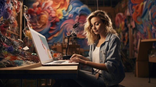 A young woman draws colored graphics on a laptop in the workplace. An artist, creative Graphic designer, Retoucher is engaged in his favorite work, Hobby.