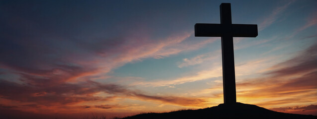 Spiritual silhouette - Jesus Christ's Cross against the backdrop of a captivating sunset sky. - obrazy, fototapety, plakaty