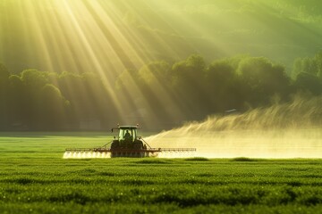 Fototapeta premium A farmer drives farm machinery to work in the field, surrounded by a green farmland.