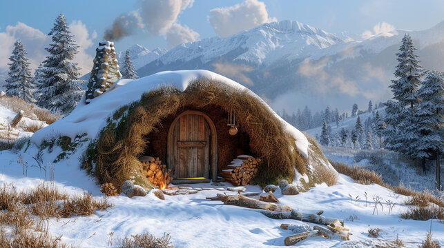 A hyperrealistic image of a straw house with a circular roof and a wooden door. The house is primitive and cozy, and has a fire pit and a pile of logs outside. The house is situated in a snowy landsca