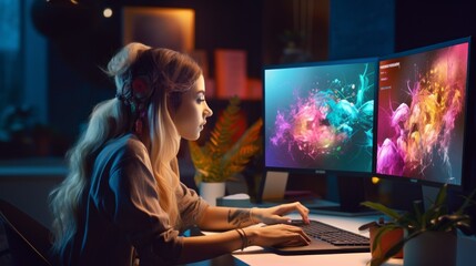 A young woman draws colored graphics behind computer monitors in the workplace. An artist, creative Graphic designer, Retoucher is engaged in his favorite work, Hobby. - obrazy, fototapety, plakaty