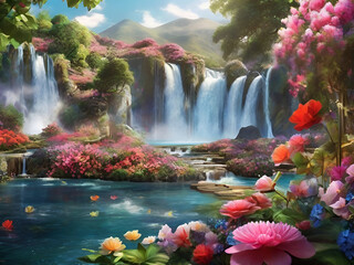 A beautiful paradise land full of flowers, rivers and waterfalls, a blooming and magical idyllic Eden garden.