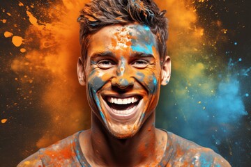 Man with Colorful Holi Powder on Face Smiling