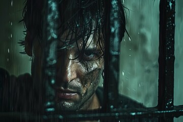Close-up of a male prisoner, soaked in rain, looking through the bars with a piercing gaze and a face full of anguish
