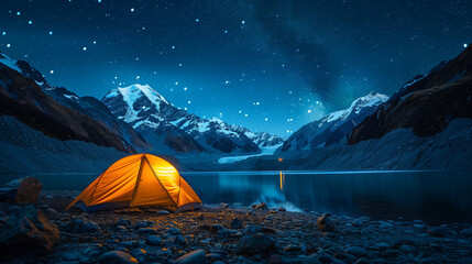 Adventure outdoors, An illuminated tent glows warmly under a breathtaking starry sky, set against the backdrop of majestic snow-capped mountains. - obrazy, fototapety, plakaty