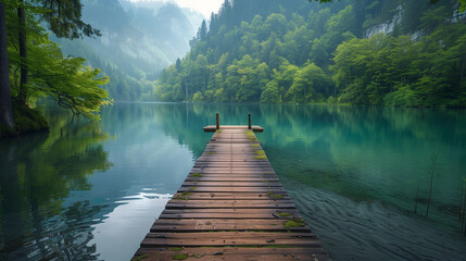 A serene wooden dock stretches into a tranquil green lake surrounded by lush forest in a misty morning. - obrazy, fototapety, plakaty
