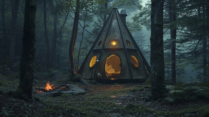 A hyperrealistic image of a tent house with a conical roof and a zipper. The house is adventurous and cozy, and has a camping gear and a lantern inside. The house is pitched in a forest, with a fire a - obrazy, fototapety, plakaty
