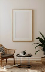 a photo of a blank poster frame on the wall in cozy modern living room, white walls, soft light, 32k resolution