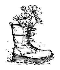 Flowers blooming from Wellington boots