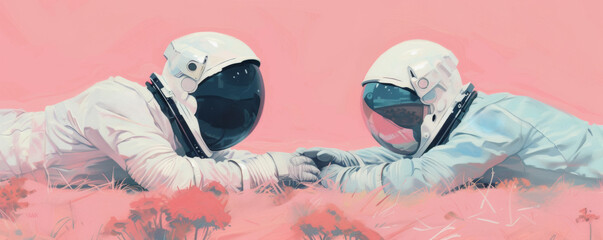 Astronauts' Gentle Encounter - Surreal Space Illustration - obrazy, fototapety, plakaty