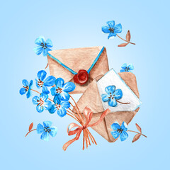 Romantic Envelopes and blue flowers bouquet