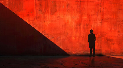 homem efeitos de sombra bisbilhotam formas criativas na parede com sombras para fundo de moda - obrazy, fototapety, plakaty