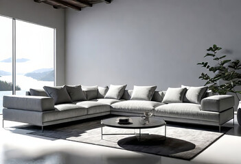 Interior of a modern room with a sofa set made of linen fabric in gray tones, fashionable design of a modern living room,