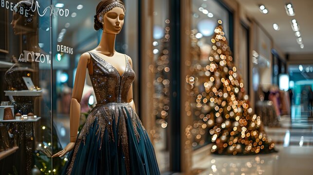 Elegant Luxury Women's Dress On A Mannequin In Window Display In Shopping Center. Dress For Reception Or Celebration.
