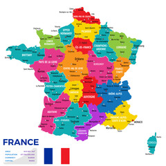 France map divided into provinces or regions with modern borders. Geographic location indication. Infographic design template for presentation, brochure, touristic website. Eps 10 vector illustration