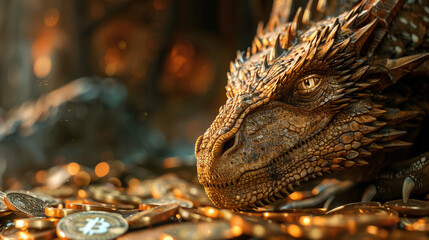 A dragon guarding a hoard of Bitcoins with trading charts casting light on its treasure representing wealth security